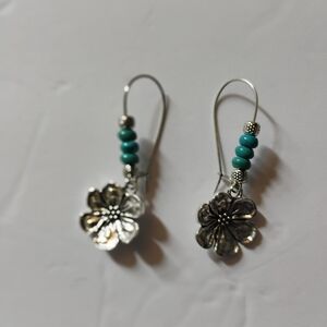Silver Floral Earrings with Turquoise Accents